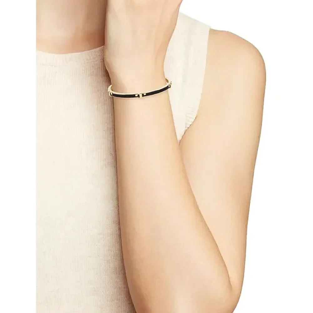 Tory Burch Serif-T Enameled Stackable Bracelet Black OS - Picture 10 of 12